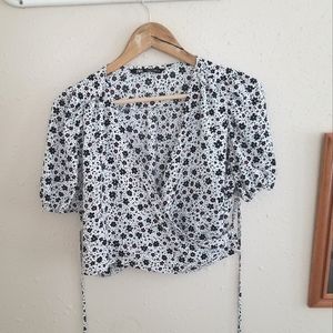 Zara Floral Front Tie Crop Top Short Sleeve Blouse